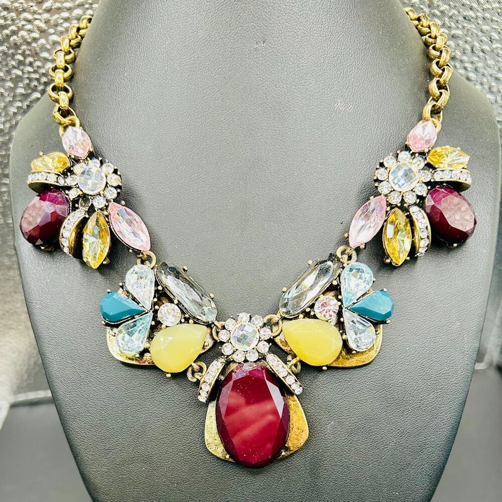 Plum, Dark Teal and Crystal Flower Necklace